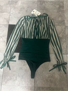 Striped Sheer Sleeve Green Bodysuit